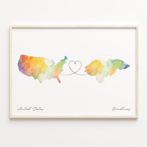 US to Honduras Print, Watercolor Map Poster, Honduran Gift, US Wall Art, Digital Nomad Map, C23-78