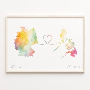 Deutschland Philippinen Druck, Aquarell Karte Poster, Peruanisches Geschenk, Reisewandkunst, Auswanderungsgeschenk, C23-542