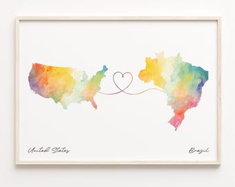 US to Brazil Print, Watercolor Map Poster, Brazilian Gift, US Wall Art, Faraway Love, C23-25