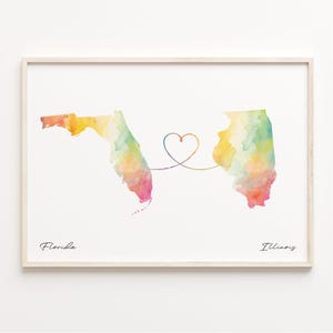 Florida naar Illinois print, aquarel kaart poster, Illinoisan cadeau, reizen muurkunst, verre liefdescadeau, C23-1313