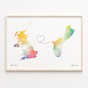 UK to Guam Druck, Aquarell Karte Poster, Guamanisches Geschenk, Vereinigtes Königreich Wandkunst, Volunteer, C23-271