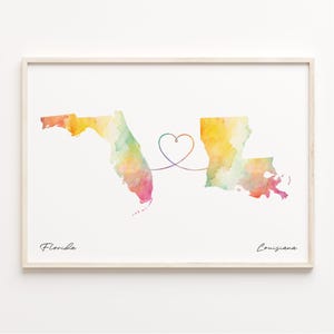 Florida naar Louisiana print, aquarel kaart poster, Louisiana cadeau, reizen kunst aan de muur, overzeese liefdeskaart, C23-1317