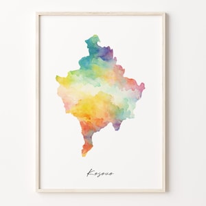 Kosovar Aquarell Karte Druck, Kosovarische Kunst Poster, XK Bunte Landkarte, Bunte Karte, C 26-97