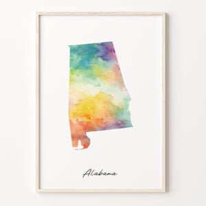 Alabama Aquarell Karte Druck, Lebendiges Alabamaische Kunst Poster, AL Bunte Landwandkunst, Aquarelldruck, C26-202