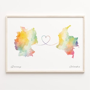 Deutschland Kolumbien Druck, Aquarell Karte Poster, kolumbianische Geschenk, Reise Wandkunst, neues Land Geschenk, C23-437