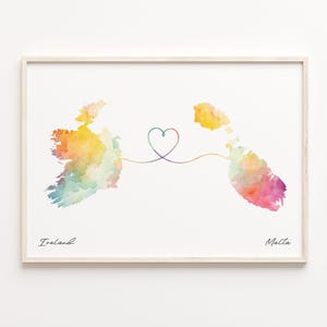 Ireland to Malta Print, Watercolor Map Poster, Malian Gift, Travel Wall Art, Borderless Love Gift, C23-1109