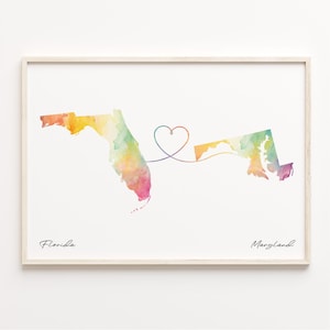 Print Florida naar Maryland, aquarel kaart poster, Marylander cadeau, reizen muurkunst, ver uit elkaar cadeau, C23-1319