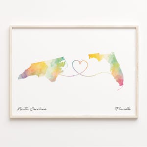 Print van North Carolina naar Florida, aquarel kaart poster, Florida cadeau, reizen muurkunst, afscheidskaart, C23-1620