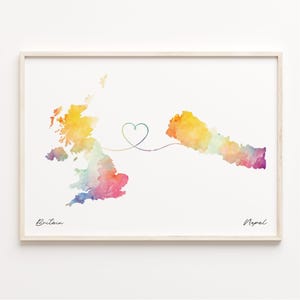 UK to Nepal Print, Watercolor Map Poster, Nepalese Gift, United Kingdom Wall Art, Far Apart, C23-328
