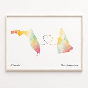 Florida to New Hampshire Print, Aquarell Karte Poster, New Hampshirite Geschenk, Reisewandkunst, Neue Landeskarte, C23-1329