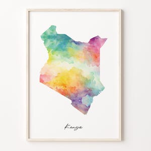 Kenia Aquarell Karte Druck, Lebendiges Kunstplakat aus Kenia, KE Buntes Land Wandkunst, Aquarell Plakat, C26-95