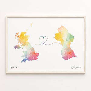 UK to Guyana Print, Aquarell Karte Poster, Guyanan Geschenk, Vereinigtes Königreich Wandkunst, Digital Nomaden Geschenk, C23-275