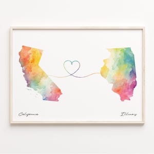 California to Illinois Print, Watercolor Map Poster, Illinoisan Gift, Travel Wall Art, Borderless Love Map, C23-1209