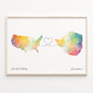 US to Zimbabwe Print, Aquarell Karte Poster, Simbabwe Geschenk, US Wandkunst, Auslandsreise, C23-199