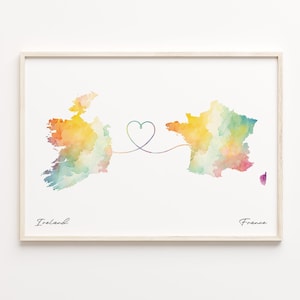 Print Ierland naar Frankrijk, aquarel kaartposter, Frans cadeau, reiskunst aan de muur, vaarwel kaart, C23-1056