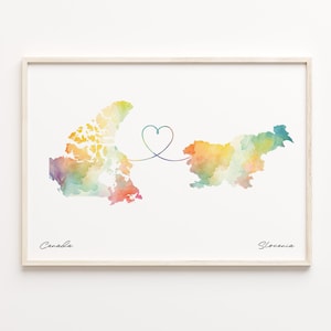 Canada to Slovenia Print, Watercolor Map Poster, Slovak Gift, Travel Wall Art, Live Abroad Gift, C23-761