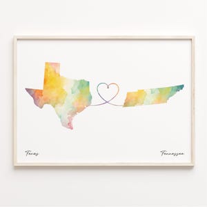 Texas to Tennessee Print, Watercolor Map Poster, Tennessean Gift, Travel Wall Art, Travel Abroad Map, C23-1290