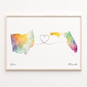 Ohio naar Florida print, aquarel kaart poster, Florida cadeau, reizen muurkunst, ver uit elkaar, C23-1516