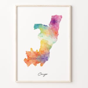 Impresión de mapa de acuarela del Congo, vibrante cartel de arte congoleño, arte colorido de la pared del país CG, arte Wanterlust, C26-41