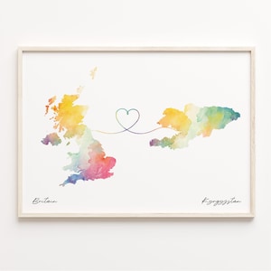 UK to Kirgisistan Druck, Aquarell Karte Poster, Kirgisistan Geschenk, Vereinigtes Königreich Wandkunst, Auslandsreise, C23-298