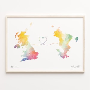 UK to Mayotte Print, Watercolor Map Poster, Mahoran Gift, United Kingdom Wall Art, Borderless Love Map, C23-318