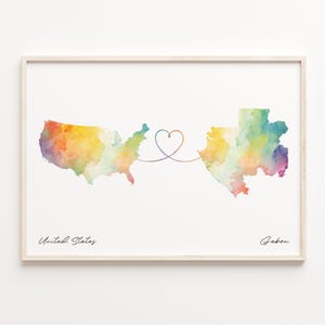 US to Gabon Print, Watercolor Map Poster, Gabonese Gift, US Wall Art, Goodbye, C23-64