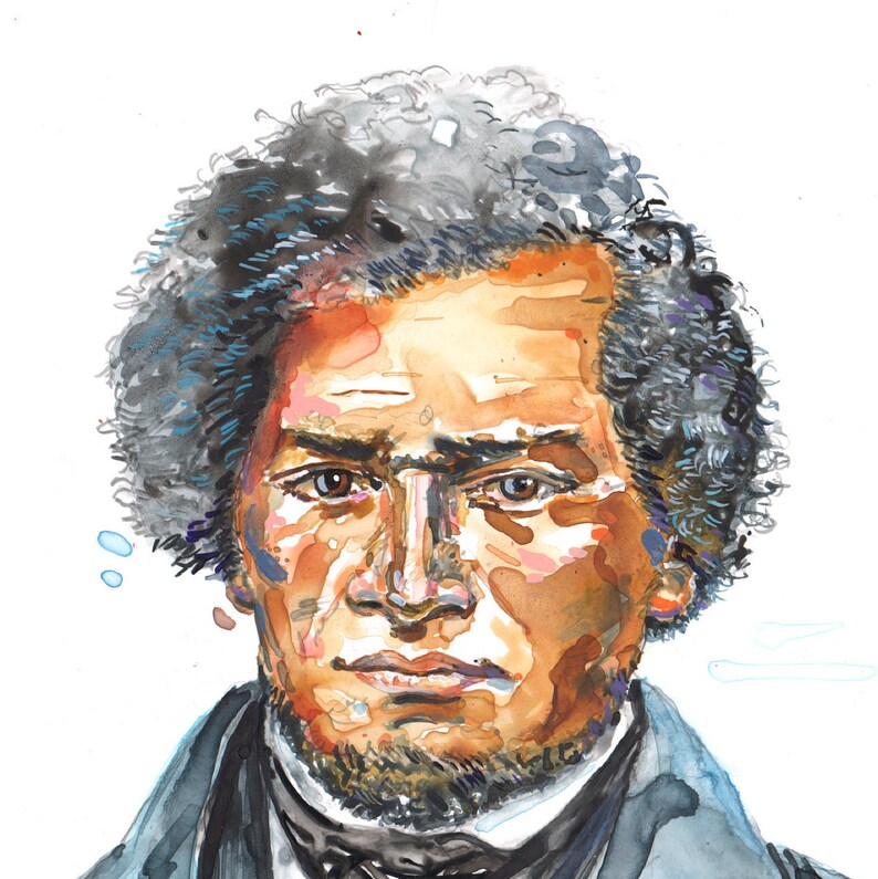 Watercolor historical portrait painting of Frederick Douglass