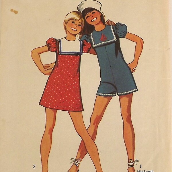 Vintage 70's Sewing Pattern, Girls Dress and Romper, Size 12