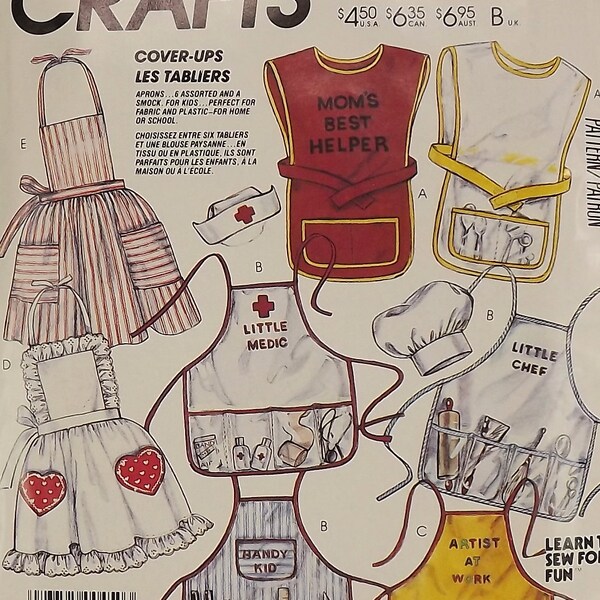 Vintage 80's Sewing Pattern, Kids Aprons and Smock/Cover-ups, Tools, Chef, Mommy's Helper