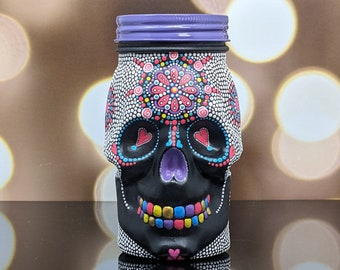 Stash Jar: hand painted glass skull shaped jar with lid