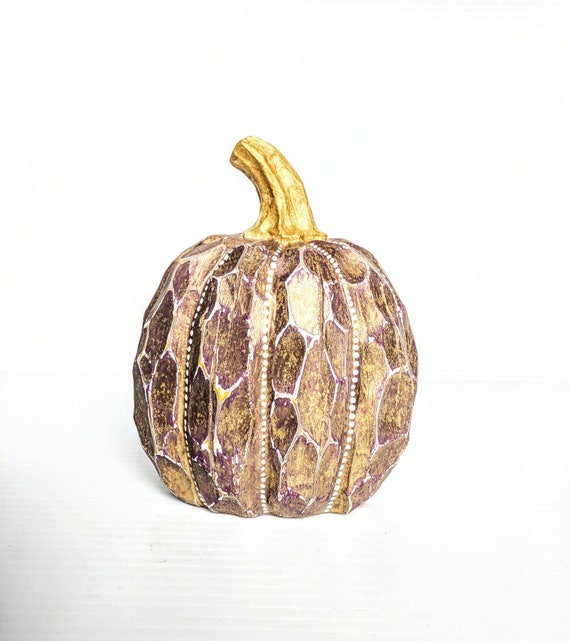 Pumpkin plum purple and gold with white dots pumpkin hand painted