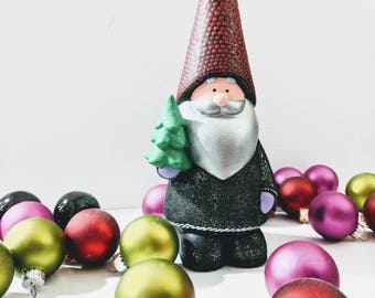 Gnome hand painted ceramic gnome figurine with green tree black glittery Christmas gnome holiday