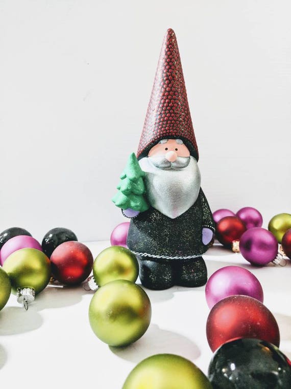 Gnome hand painted ceramic gnome figurine with green tree black glittery Christmas gnome holiday