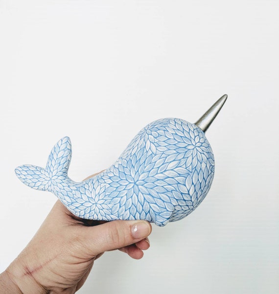 Narwhal figurine hand painted blue and white narwhal