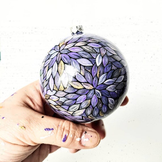 Purple Christmas ornament shatter proof hand painted ornament purple gold and white