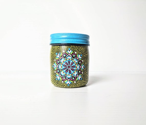 Yellow and blue Painted jar 8oz hand painted plastic jar