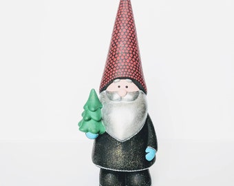 Santa Gnome hand painted ceramic gnome figurine with green tree black glittery Christmas gnome holiday