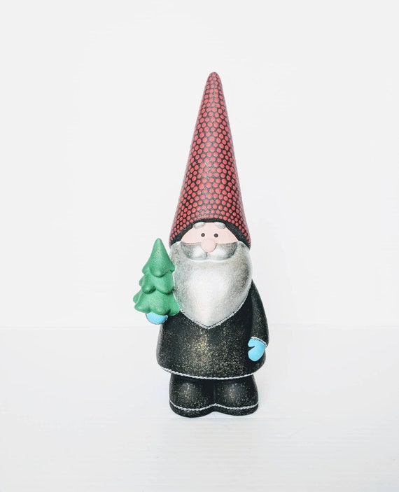 Santa Gnome hand painted ceramic gnome figurine with green tree black glittery Christmas gnome holiday