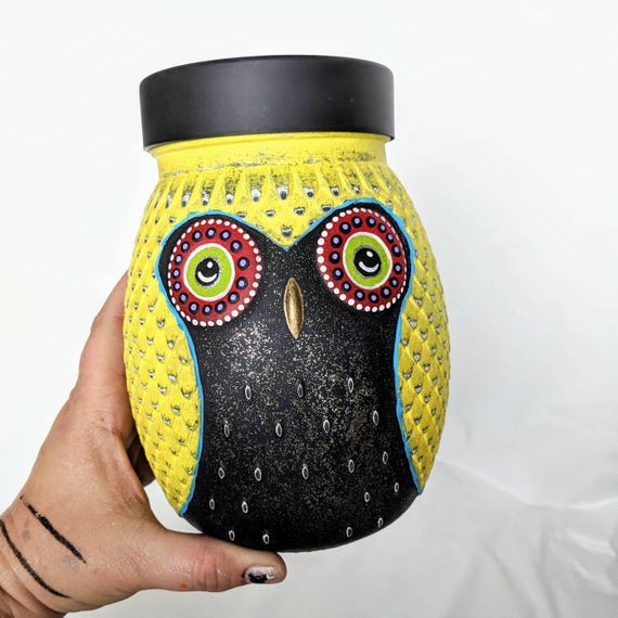 Owl Painted jar hand painted glass owl jars large glass jar