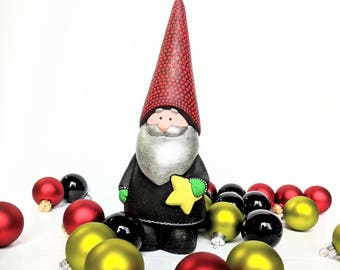 Gnome hand painted ceramic gnome figurine with yellow star black glittery