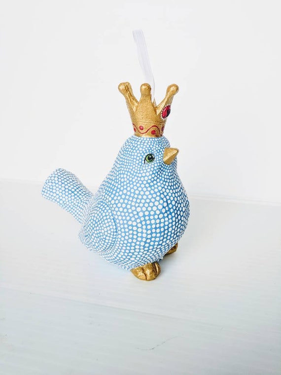 Blue Bird ornament hand painted bird ornament blue and white bird with gold crown resin