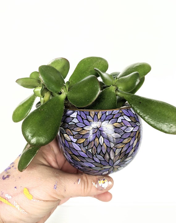 Magnetic planters hand painted ceramic magnetic planter purple gold and white leaves black READY TO SHIP