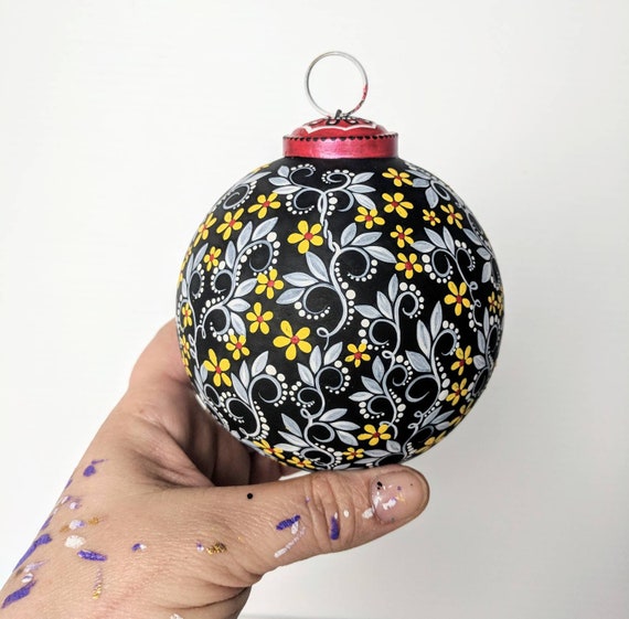 Flowers Hand painted glass ornament artsy ornament black white and yellow Christmas ornament