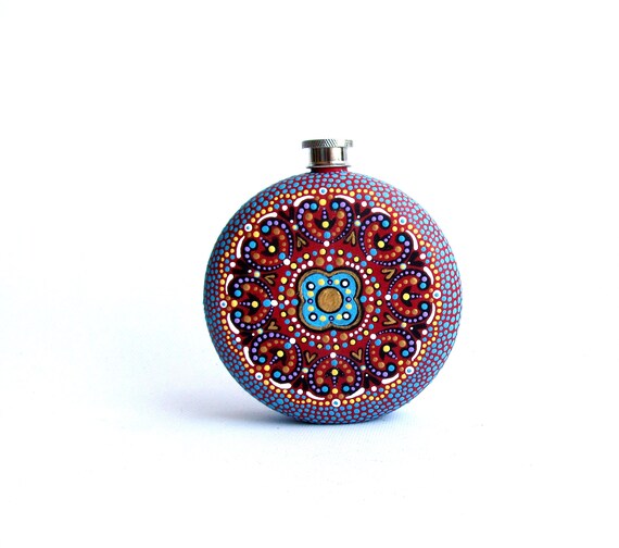 Round Flask: Hand Painted 10 fl oz Stainless Steel flask Wedding gift Groomsman Groom Red blue hand painted flask
