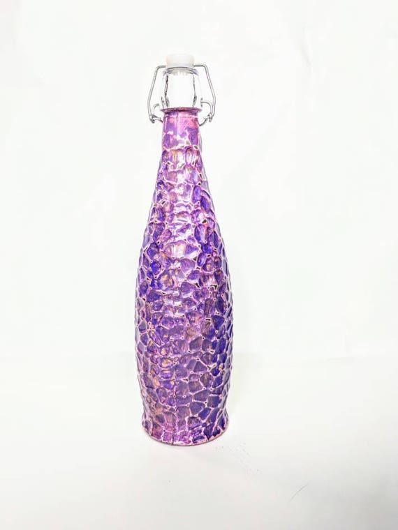 Water bottle Purple, pink, and gold glass bottle hand painted water bottle 34 oz. glacier bottle with wire bail lid