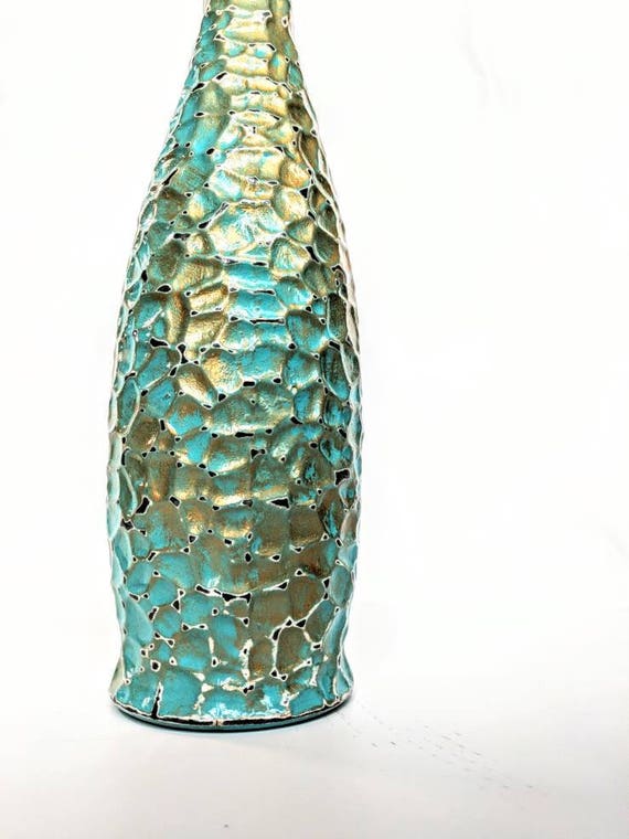 Water bottle Turquoise and gold glass bottle hand painted water bottle 34 oz. glacier bottle with wire bail lid
