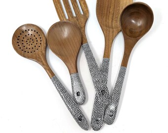 Wooden Utensils: Cooking and serving Utensils With painted handles black and white