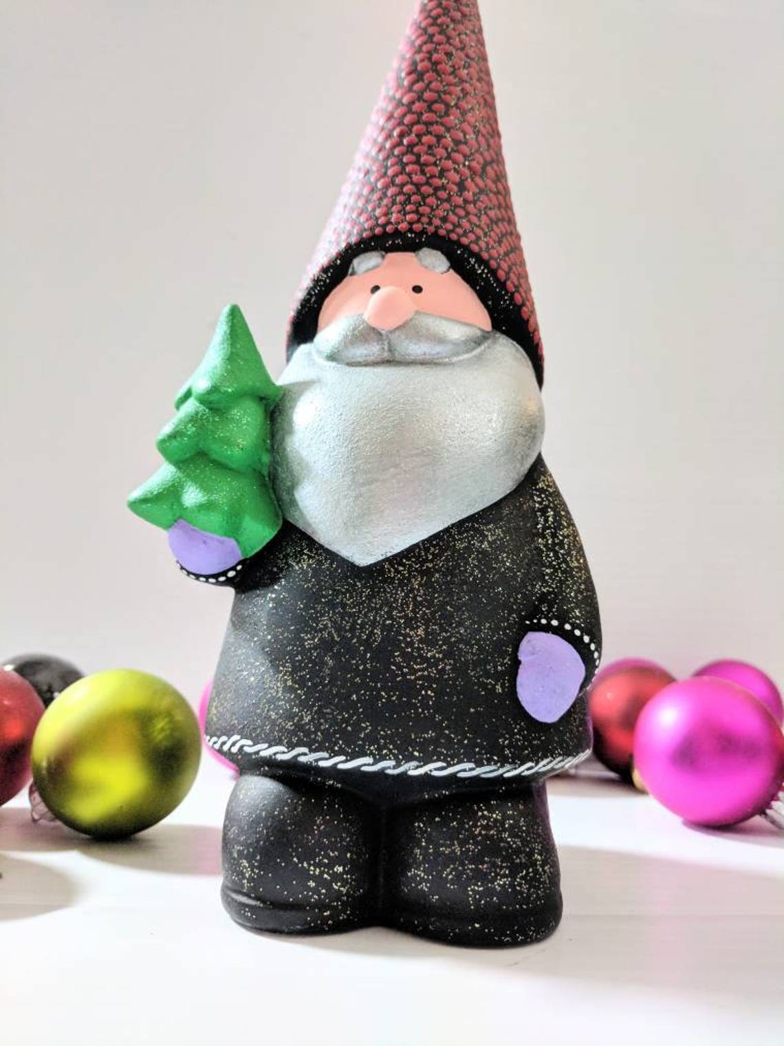 Gnome Hand Painted Ceramic Gnome Figurine With Green Tree Etsy