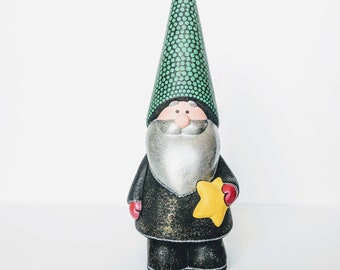 Gnome hand painted ceramic gnome figurine with yellow star black glittery green hat and red gloves