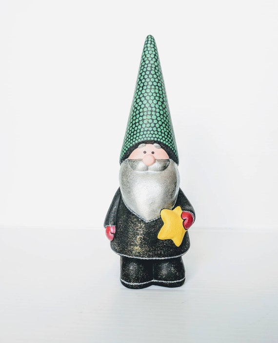 Gnome hand painted ceramic gnome figurine with yellow star black glittery green hat and red gloves